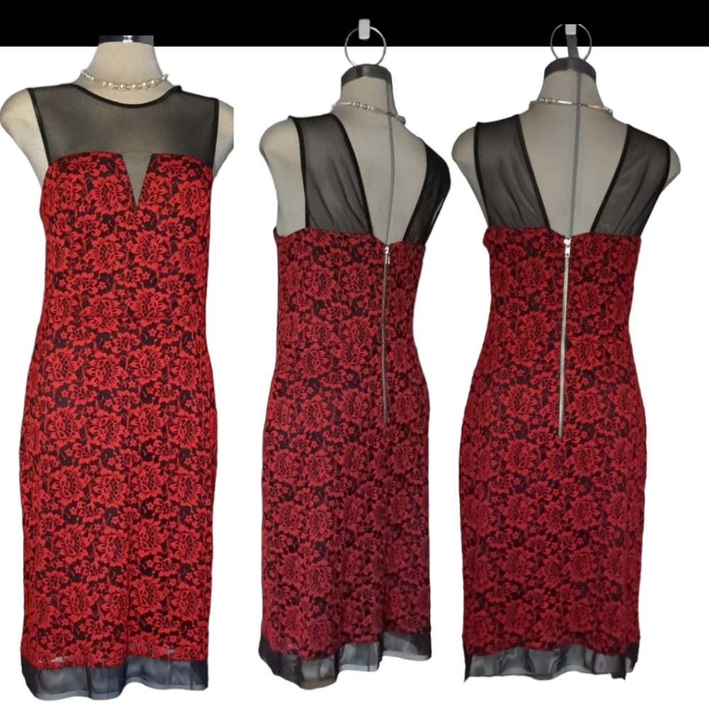 DFI Los Angeles Luxury Red and Black Lace Floral Dress Size 2XL